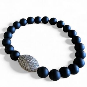 8mm Matte Black Onyx Stretch Bracelet w/ Silver Pavé Football Spacer | New